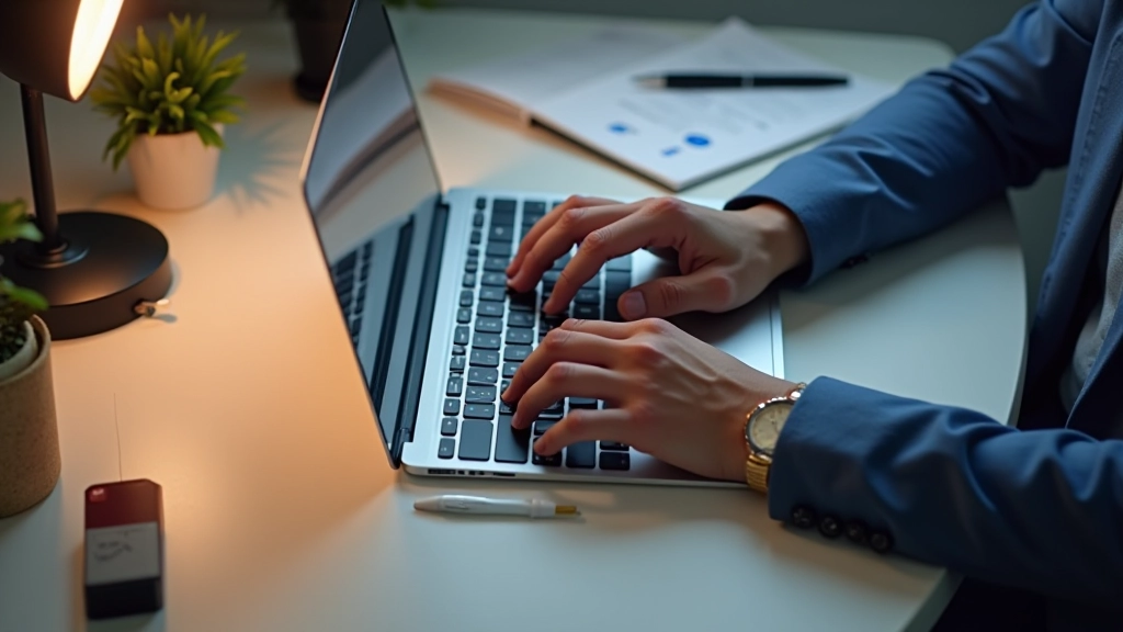Overhead view of hands typing on laptop keyboard with international business documents and notebook on workspace