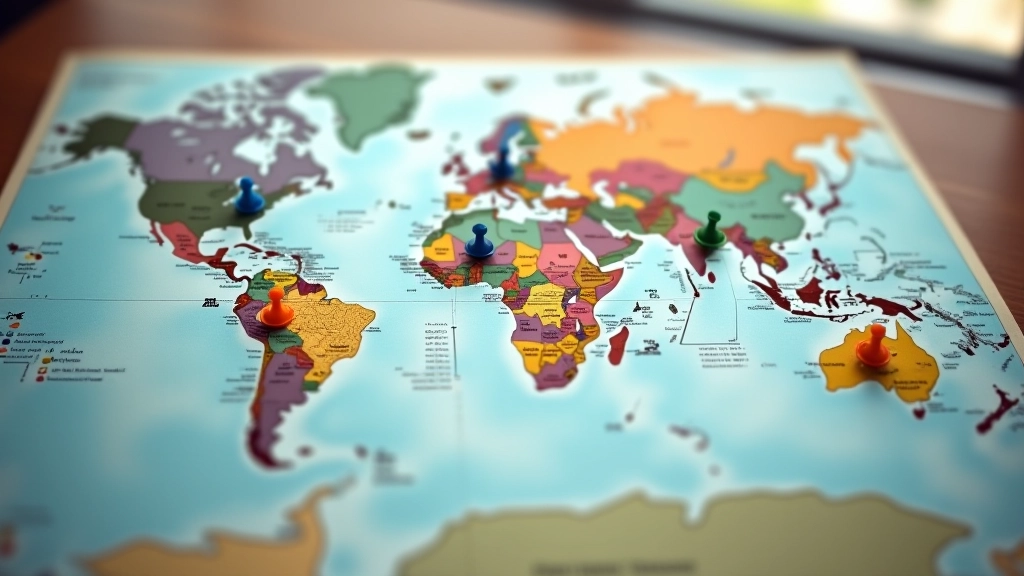 Physical world map displayed on wooden surface with location markers