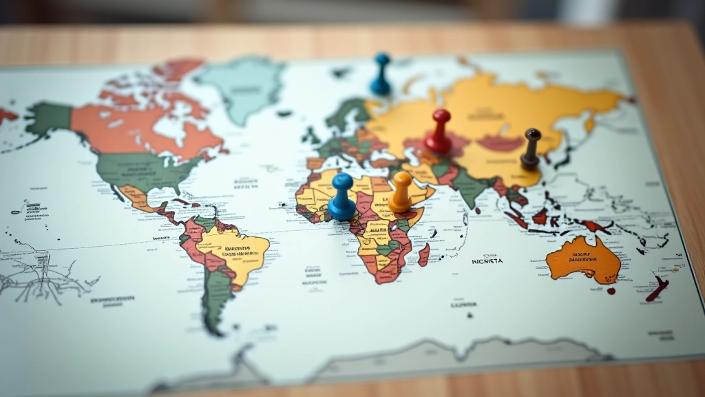 Global map showing different language regions highlighted in different colors with location pins marking target markets